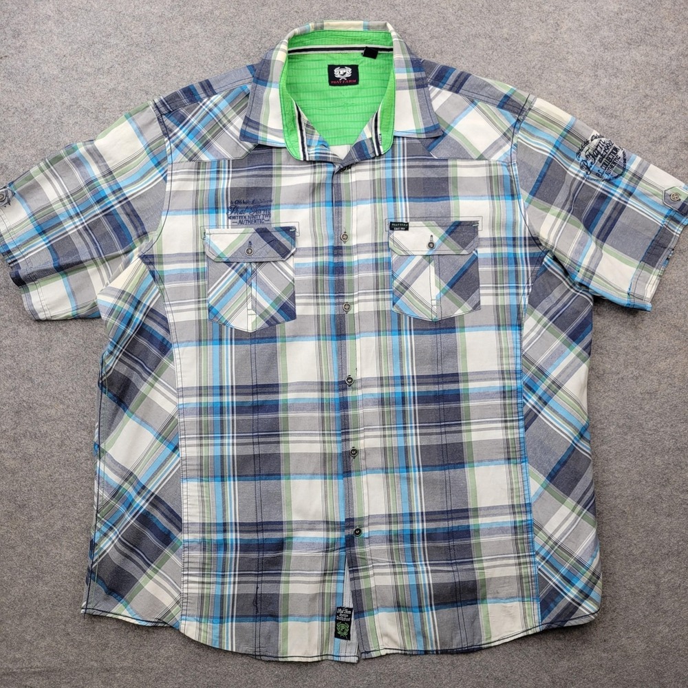 Phat Farm Shirt Mens 3XL Blue Plaid Cotton Button Front Short Sleeve Casual
